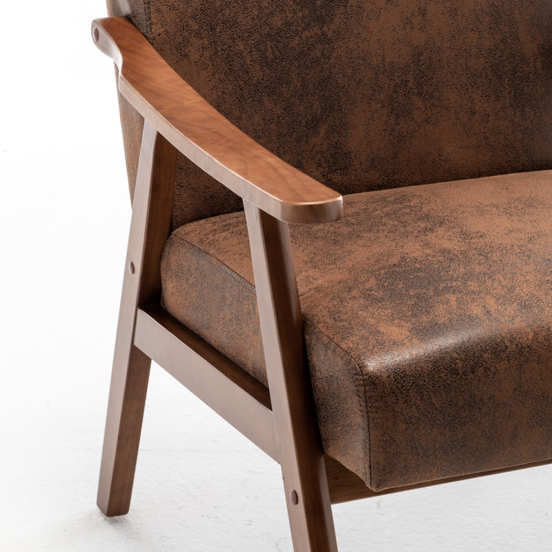 Fauteuil d'appoint brun avec structure en bois et revêtement en microfibre, style moderne chic du milieu du siècle, couleur unie douce