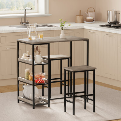 Ensemble de table de cuisine 3 pièces avec tablettes de rangement et 2 tabourets de bar