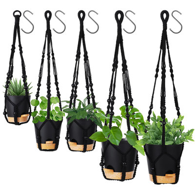 Jardinières suspendues pour plantes d'intérieur, panier suspendu 5 pièces pour décoration intérieure Boho, support à plantes en macramé, noir