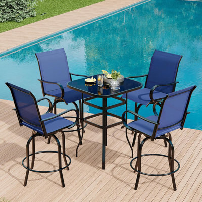 5Pcs Outdoor Swivel Bar Set With 4 Swivel Chairs And Glass Top Table, All Weather Textile Fabric Outdoor Bar Height Chairs And Table Set Of 5 For Dec