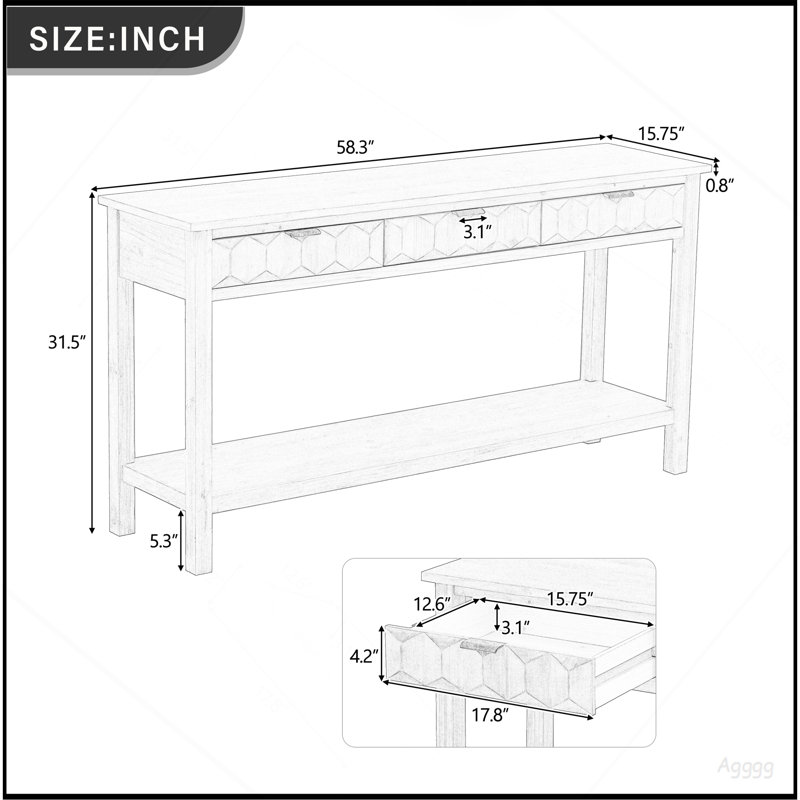 Table d'entrée 58,3 po en placage de sapin avec façades en nid d'abeille, console moderne et élégante avec 3 tiroirs et pieds en sapin massif, convient au salon, au vestibule, au couloir, au bureau, au vestibule