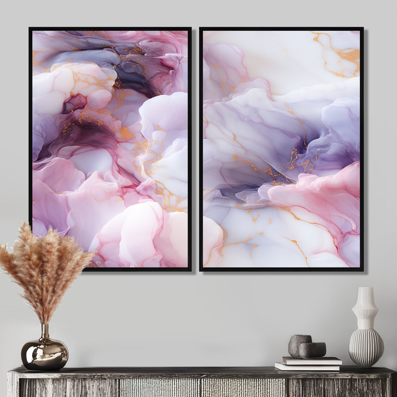 Enchanted lumière mauve marbre brumeux - art mural mauve 2 pièces, H 36 po x l 48 po, Impression encadrée flottante, Noir