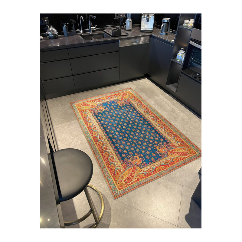 Tapis bleu décoratif traditionnel lavable, Sous-tapis carré 3 pi 3 po inclus