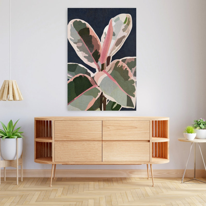 Bleu marine et rose plante abstraite contemporaine élégante rose nature plante murale, H 48 po x l 32 po