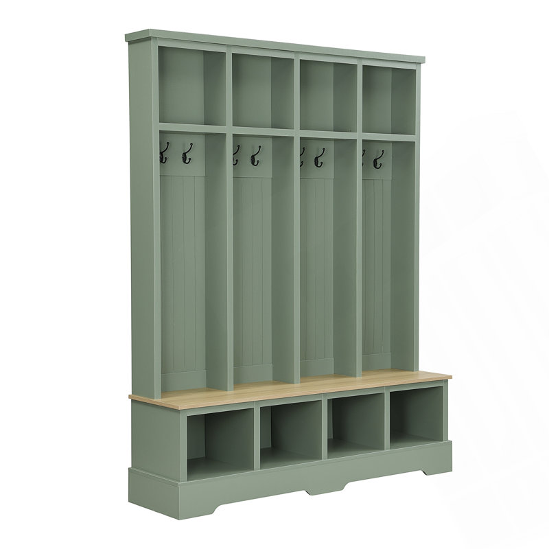 Farmhouse Hall Tree With 8 Hooks, Practical Entryway Bench With Open Compartments, 76.7"H Modern 3-In-1 Wooden Style Coat And Shoe Rack For Mudroom, Living Room