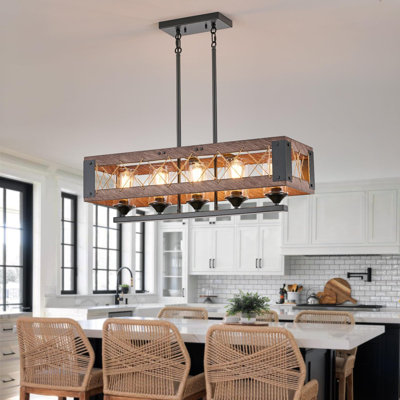 Farmhouse Pendant Light With Adjustable Height, 5-Light Rustic Chandelier For Kitchen Island And Dining Room, Wood Finish, Compatible With E26 Bulbs
