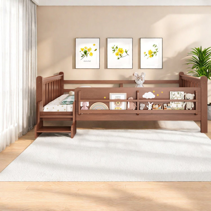 Grands lits en bois peu encombrants avec rangement et escalier sécuritaire, finition naturelle