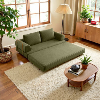 Elegant Green Convertible Sofa Bed - Cozy Corduroy Futon with Pillows for Living Room & Bedroom