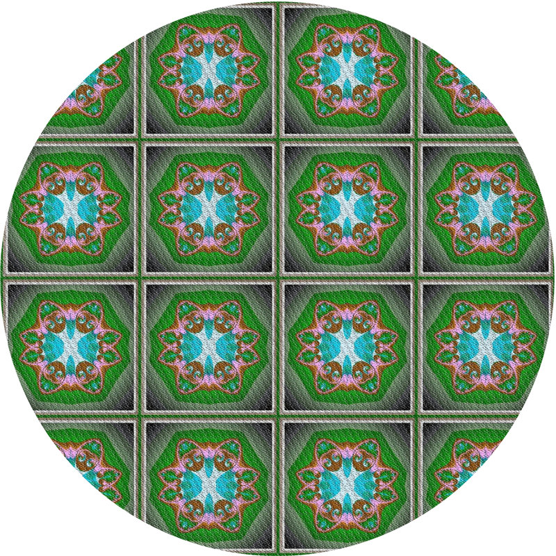 Tapis vert/bleu à motifs, Rond 4 pi