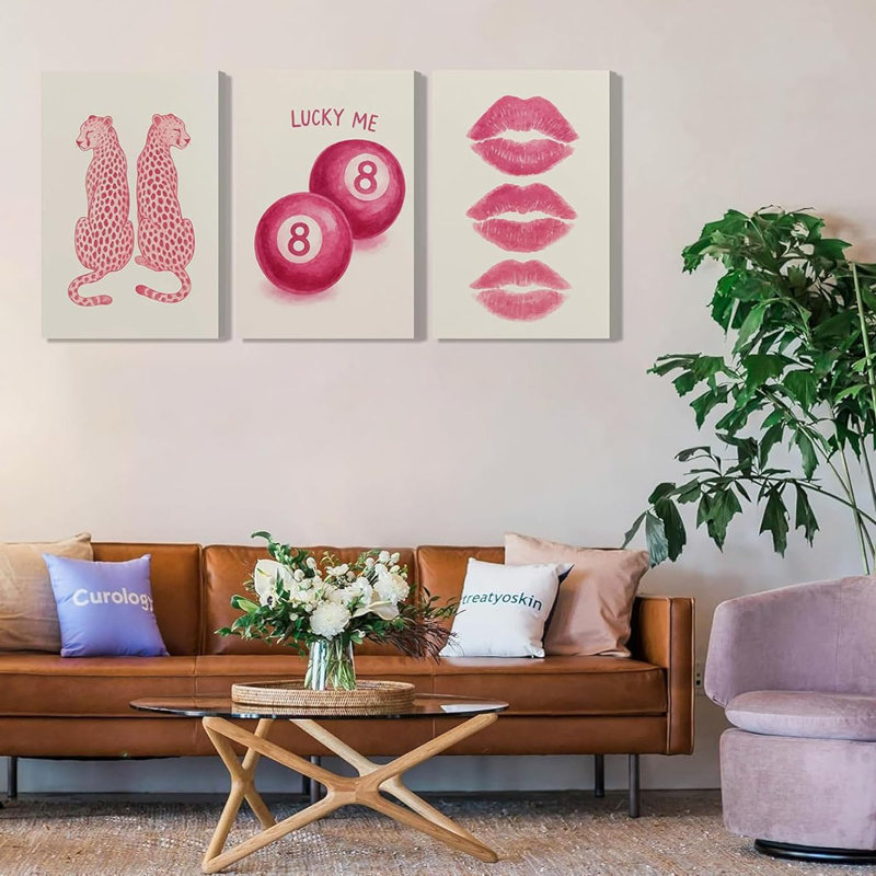 3Pcs Pink Leopard Canvas Wall Art Trend Cheetah Wall Decor Painting Pink Coquettish Cherry Lips Prints Lucky 8 Ball Y2k Aesthetic Picture For Bedroom Dorm Room Decoration 16x24in Framed