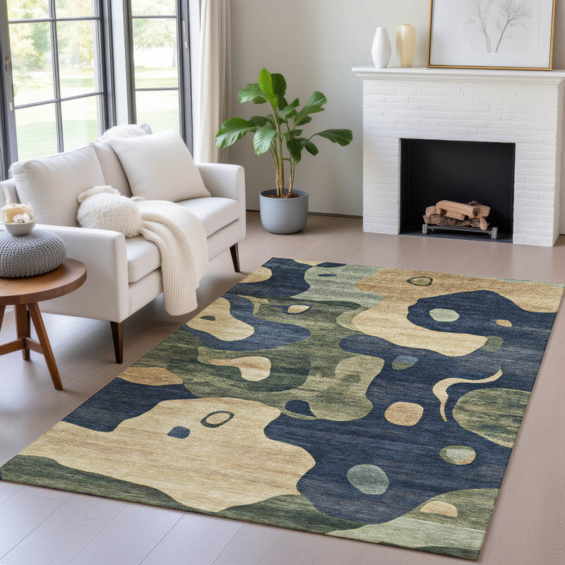 Machine Washable Indoor/Outdoor Xhevrie Navy Rug, Rectangle 10' x 14'
