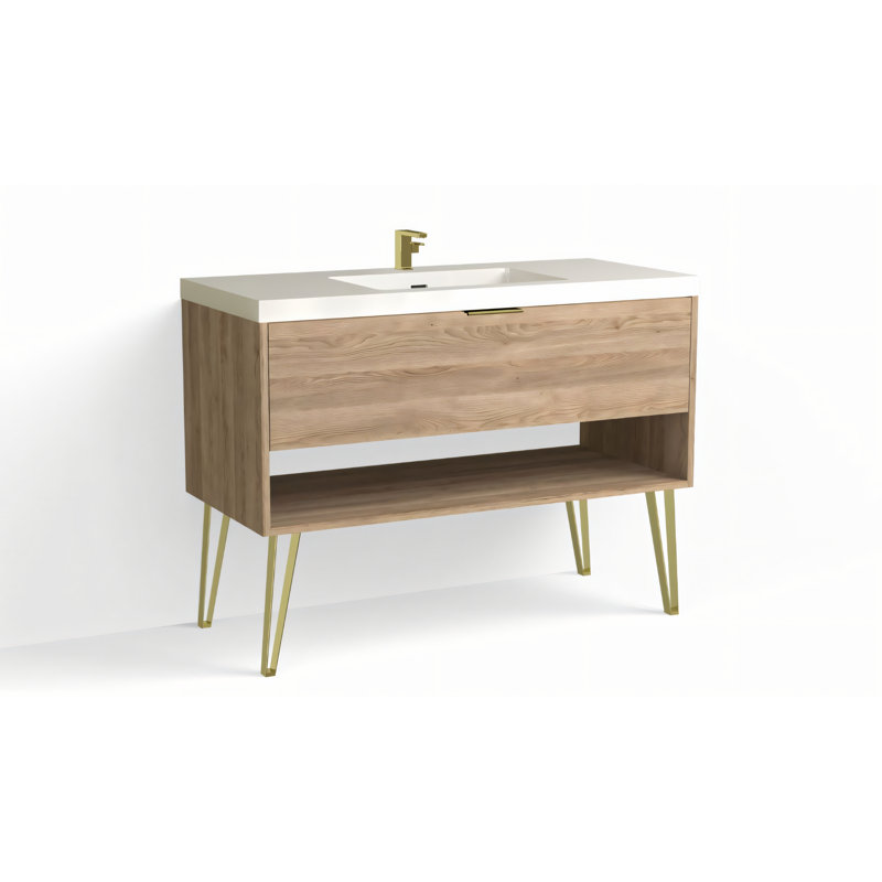 Modo 48" W Freestanding Single Bathroom Vanity with Dawson Leg, Gloss White/Single, Nocino, Satin Brass