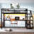 Queen Loft Bed Frame With Desk And With Storage Function Stairs, Metal Material Loft Bed Frames With Led Lighting Function Lights, With Usb Charging Function Ports, Multifunctional Iron Nets And Noise-Free, In Black Finish-342042256