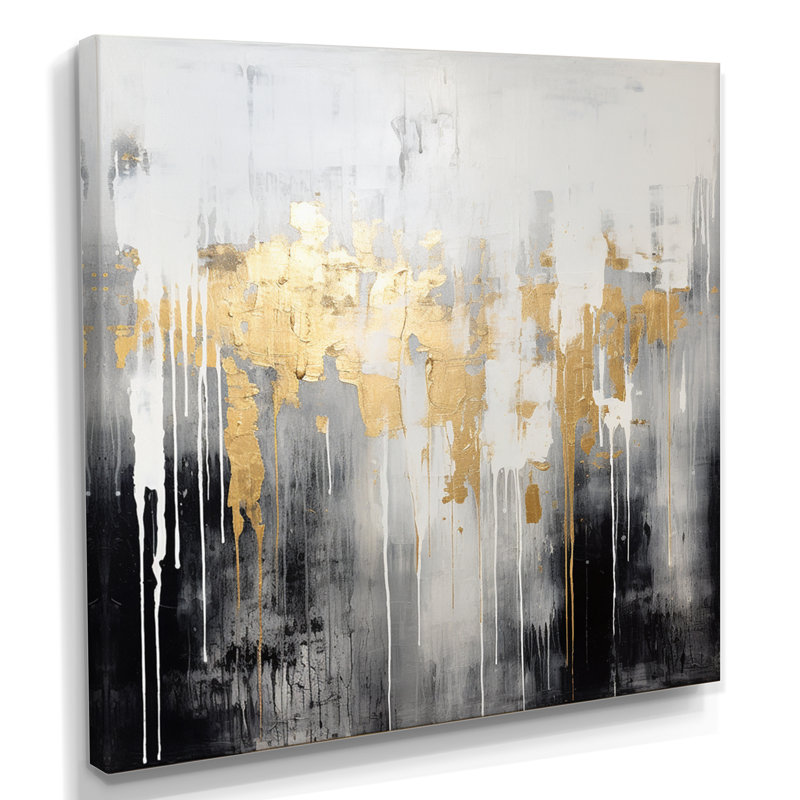«Dripping Gold White Gray Black Gold - Abstract», reproduction d'art murale, H 16 po x l 16 po, Toile tendue