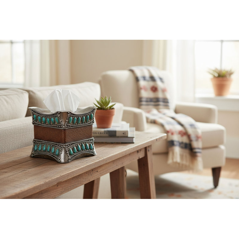 Southwest Turquoise Faux Leather Tissue Box Cover Resin Holder