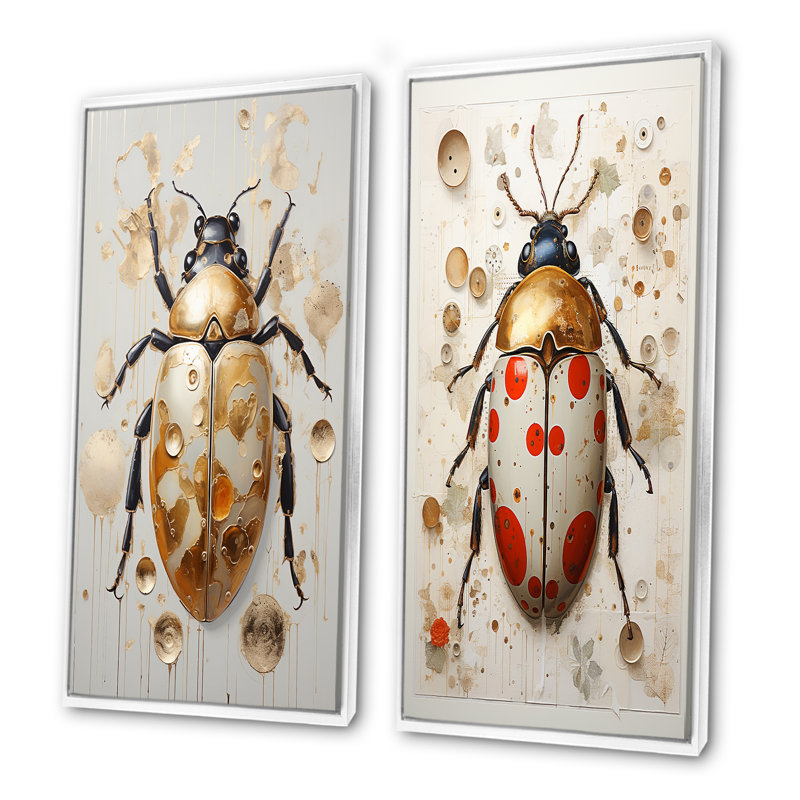Gold Vintage Minimalism Beetle - Insects & Bugs Canvas Wall Art Set Of 2, White Framed, 40" H x 41" W