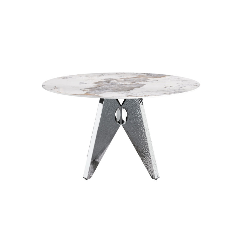Table de salle à manger ronde 53 po en blanc, plateau en pierre frittée et acier inoxydable argenté, convient à 6, table blanche décorative, 6 pièces avec base