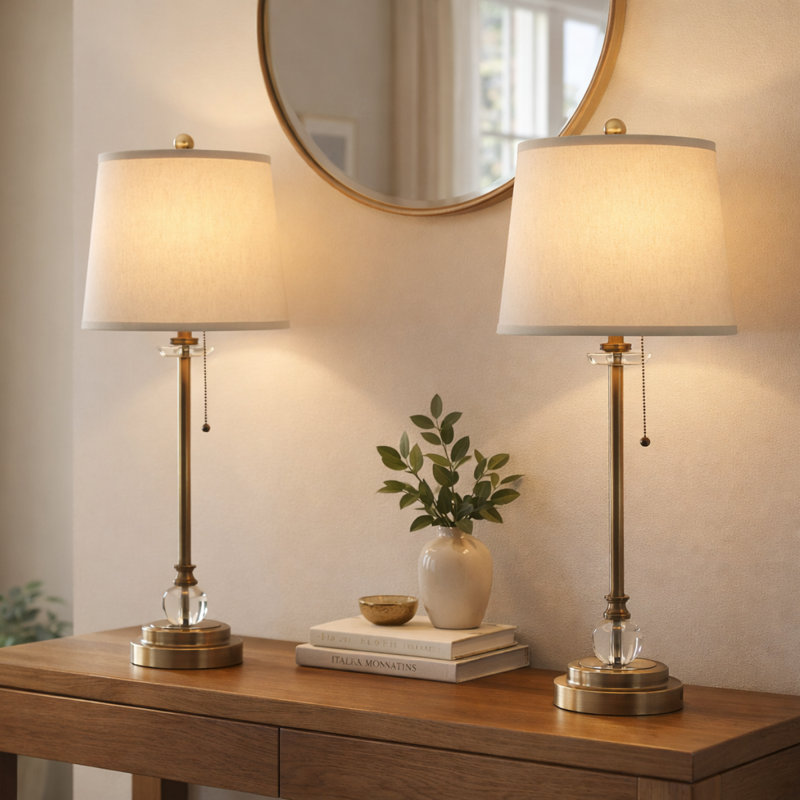 Royal Designs, Inc. 28" Buffet Table Lamps Set of 2, Antique Brass Finish, Linen Cream Hardback Shades