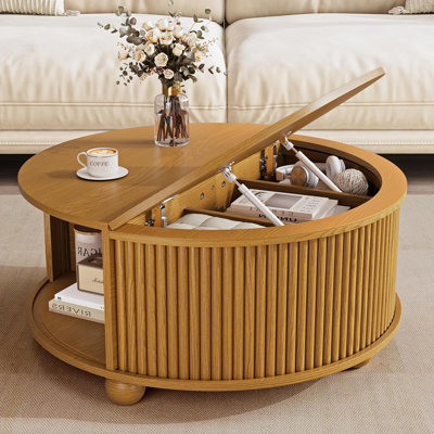 Round Coffee Table with Storage, 31.5" Mid Century Modern Fluted Coffee Table with 360° Curved Sliding Door
