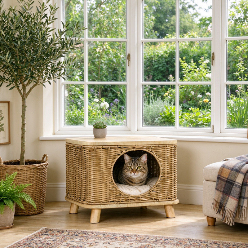 Raised Wicker Cat House with Washable Soft Cushion, Light Brown