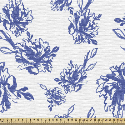 Tissu floral au bord de la cour, motif aquarelle de pivoines bleues abstraites et rythmiques sur fond uni, tissu décoratif pour le revêtement et les accents de la maison, violet bleu blanc