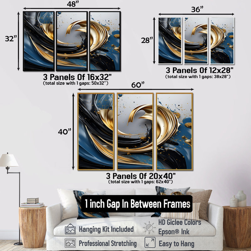 «Evolving Gold Flow» - ensemble d'impressions murales abstraites à encre liquide, H 40 po x l 60 po x P 1 po