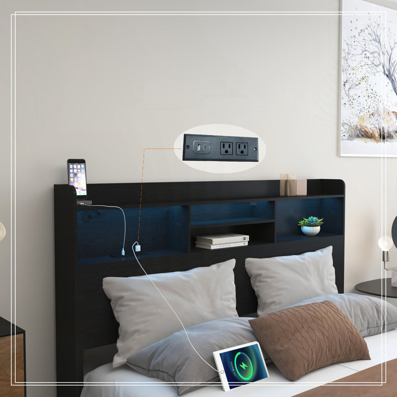 Cadre de lit à 4 tiroirs avec tête de lit et tablette de rangement, lit de rangement avec DEL et station de charge