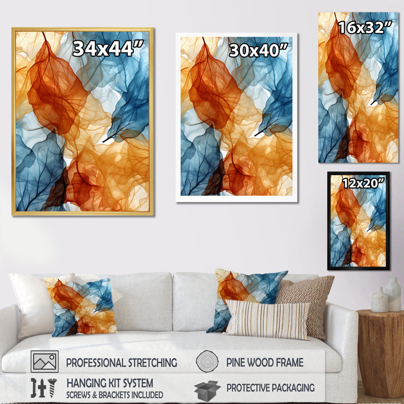 Rétro motif de feuille orange et bleu - formes abstraites, art mural, salon, H 32 po x l 16 po x P 1 po, Cadre simple blanc