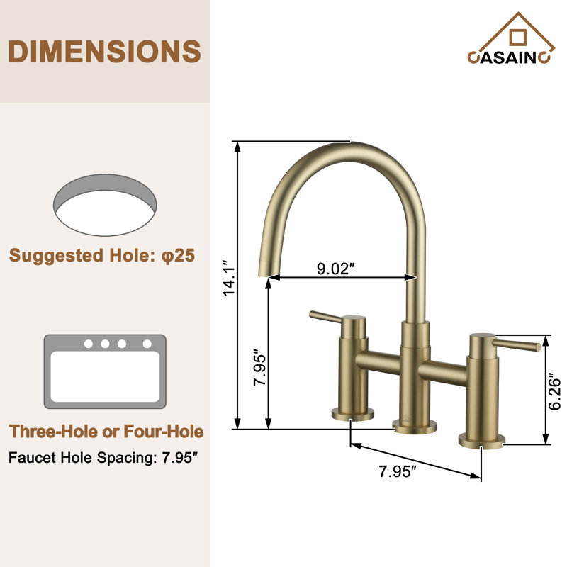 Sleek Bridge Kitchen Faucet with Side Spray 1.8 GPM, Brushed Gold