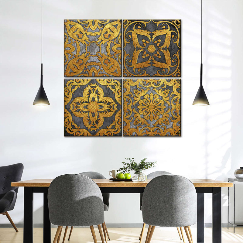 " Gold Rococo Florals " 4 - Pieces, 74" H x 74" W x 1.25" D