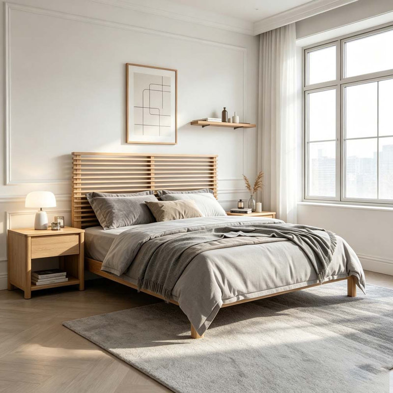 Base de lit en bois massif avec tête de lit, Naturel, Grand lit