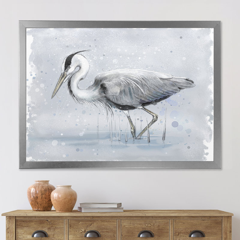 Gris héron, peinture sur toile, H 24 po x l 32 po x P 1 po, Encadrement argenté
