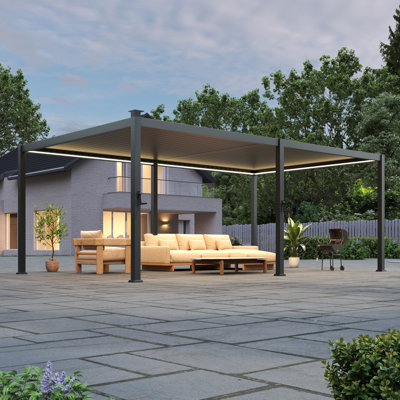 Waterproof Outdoor Pergola with LED Strip Lights, Rust-Proof Metal Pergola with Adjustable Roof for All-Weather Shade