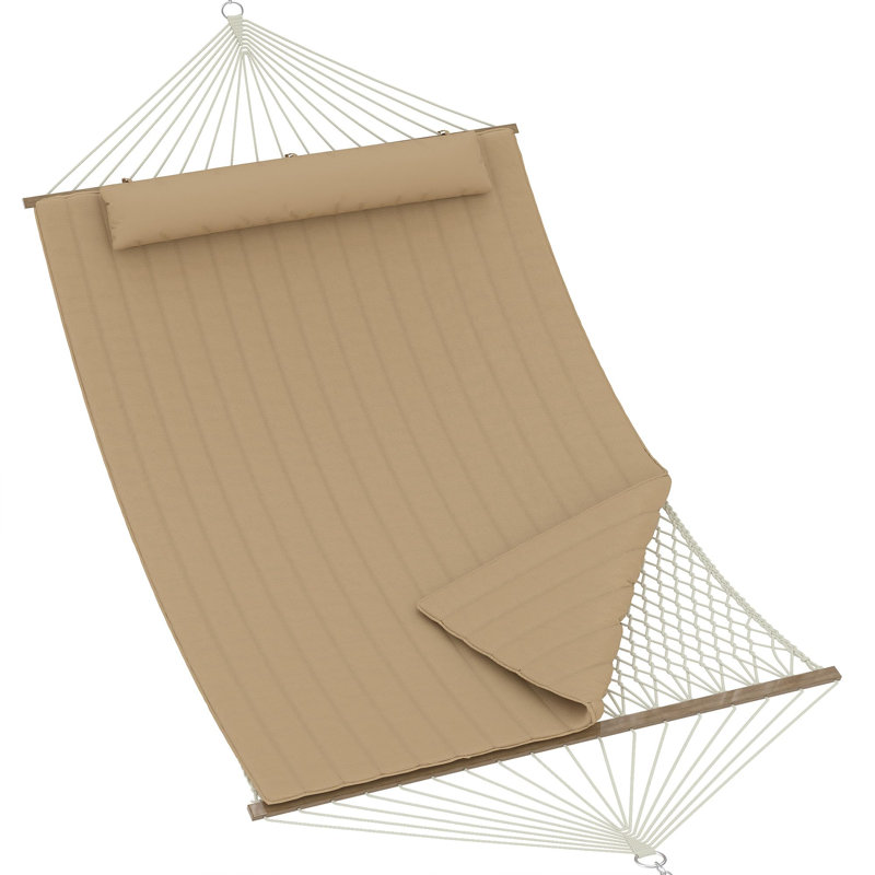 3.5m 2 Person Double Quilted Hammock, Beige Outdoor Swing Bed with Wooden Spreader Bar, Mesh Bag, Cushion & Pillow, 204kg Load Capacity with Hanging Chains