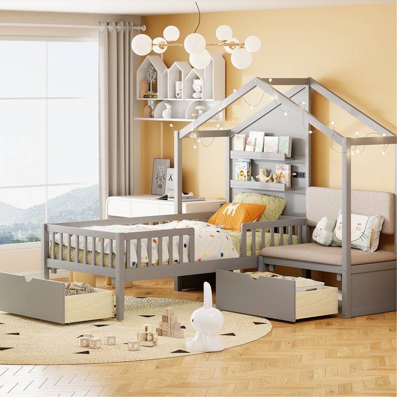 Lit simple Twin House, de couleur grise, avec station de recharge sans fil rembourrée et à la fine pointe de la technologie, et lit de rangement pratique en gris, capacité de station, zones polyvalentes