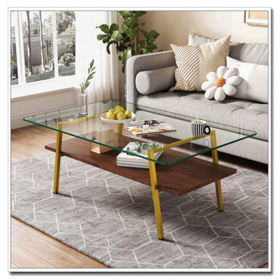 Table basse rectangulaire, plateau de table en verre trempé avec pieds