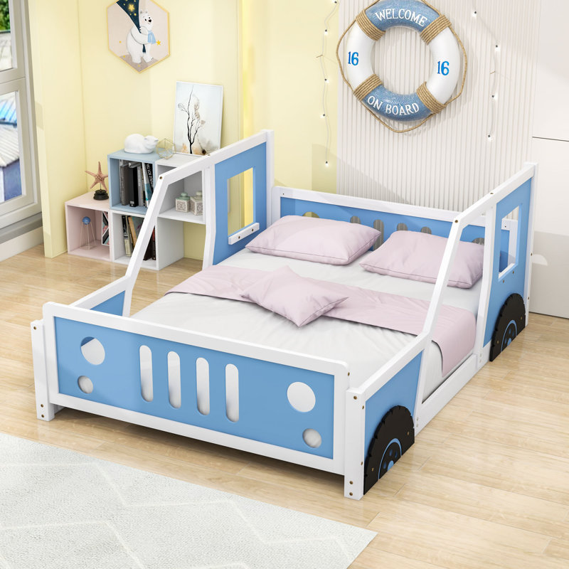 Lit en forme de voiture avec roues et structure en bois robuste, Bleu, Double