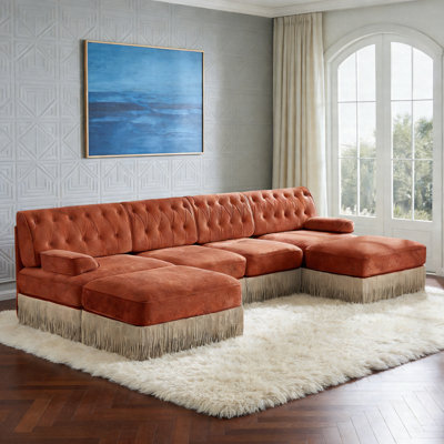 3-Seater Pet-Friendly Velvet Chesterfield Sofa With 2 Ottoman, Button Tufted Modular Couch With Tassel Fringe Skirt, Free Combination Sectional Sofa