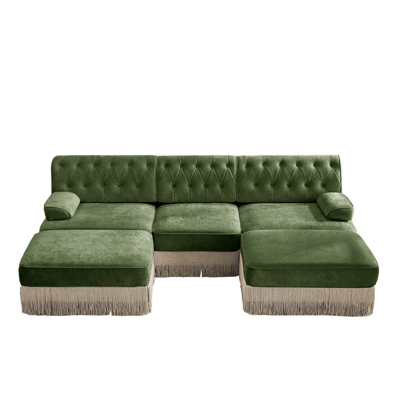 U-shaped, breathable, comfortable fringe-trimmed sofa, 34.2" H x 106.1" W x 60.3" D, Green Velvet
