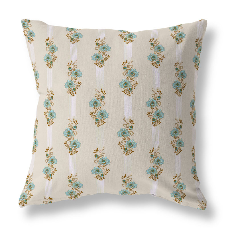 Indoor / Outdoor Floral Square Cushion, Beige/Turquoise  Floral, 51cm H x 51cm W