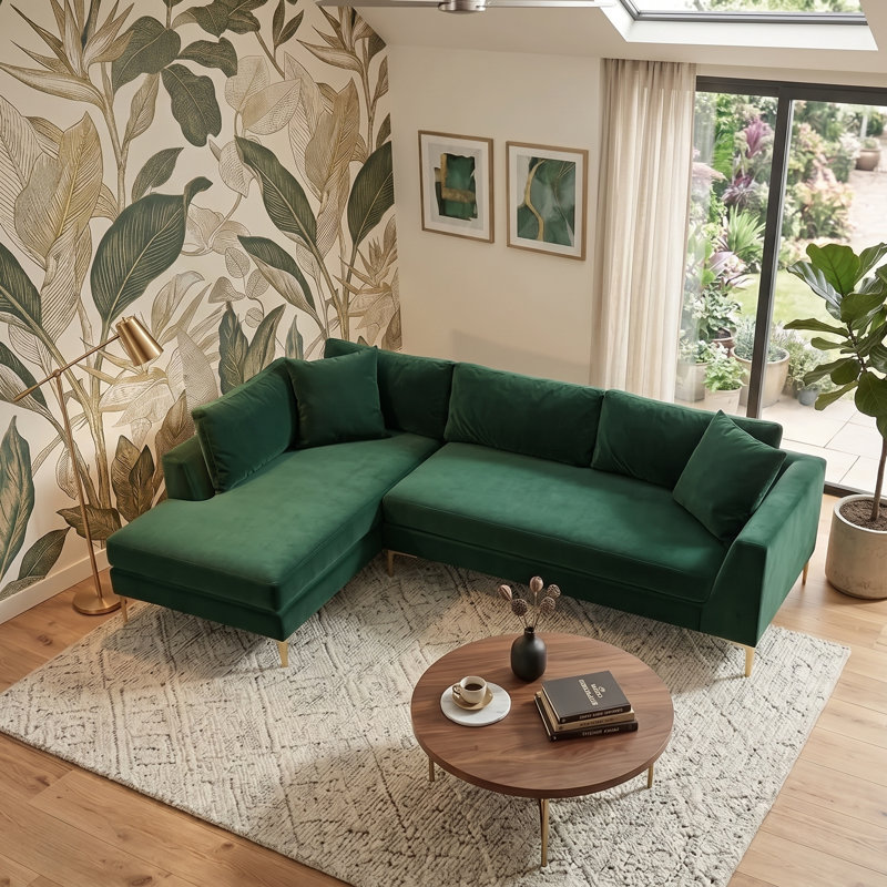 Ludivine 112" Wide Velvet Sofa & Chaise, Left Hand Facing, Green Velvet