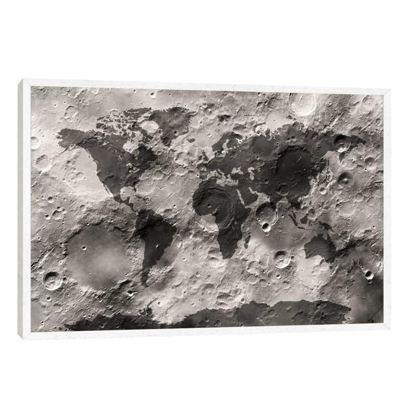World Map On The Moon's Surface by Michael Tompsett - Print on Canvas, 66.04 cm H x 45.72 cm W x 1.91 cm D, White Framed