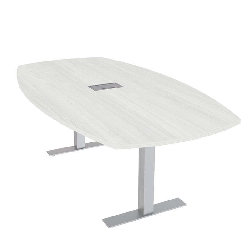 Table de conférence Arc Boat avec bases en T en métal et modules de données, L 84 po x l 48 po, Cyprès blanc, Argent argent