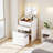 3-in-1 Glass-Top Vanity – Flip Mirror, Charging Station, Hidden Tall-Bottle Cubby, Stool with Drawer, Nightstand Mode, Pure White