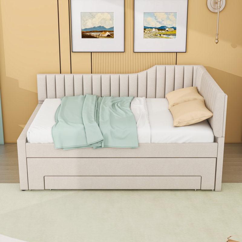 Upholstered Daybed with Trundle and 1 Drawer, Beige, Full/Double