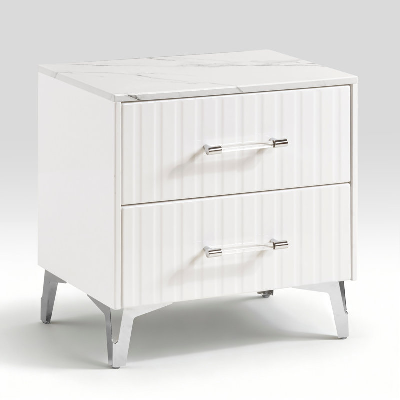 Newhaven 2-Drawer Fluted Nightstand With Faux Marble Top – 23.5"W Modern Bedside Table
