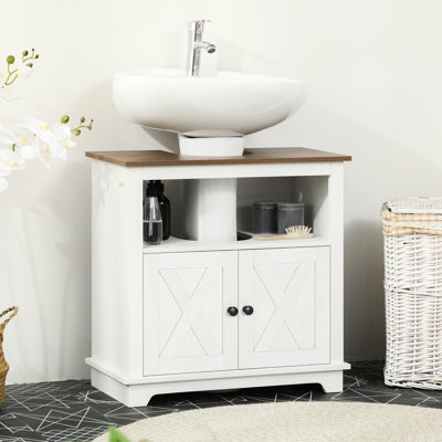 Armoire de salle de bain sous lavabo, blanc, portes doubles, lavabo compact pour salle de bain, rangement de porte, caractéristique
