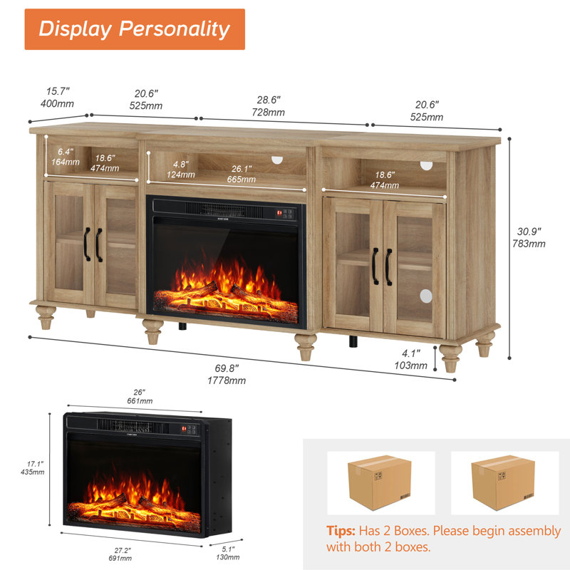 Scarlett Unfinished TV Stand for TVs up to 75" with Fireplace Included, Oak
