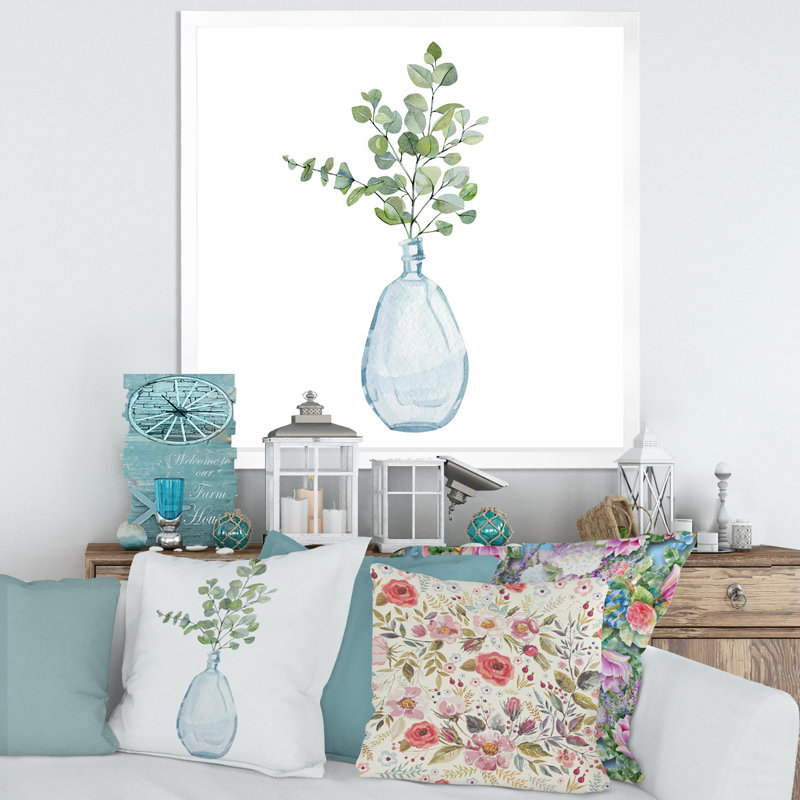 Plantes d'intérieur dans un vase en verre, branches d'eucalyptus - reproduction d'art sur toile traditionnelle