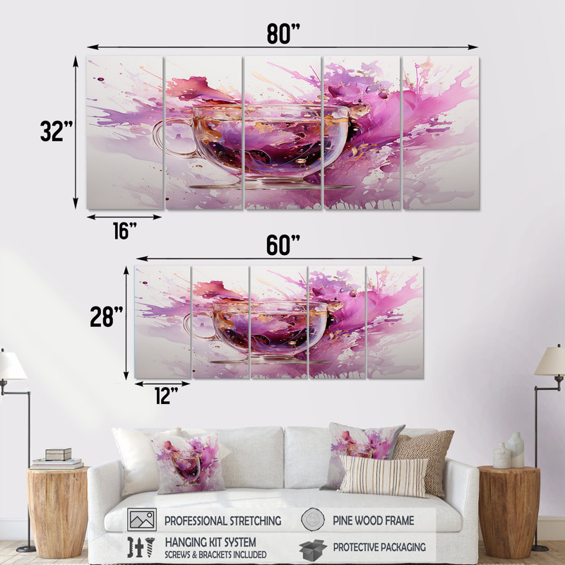 Vibrant mauve éclaboussures de vin - Vin, art mural sur toile 5 pièces, H 32 po x l 80 po